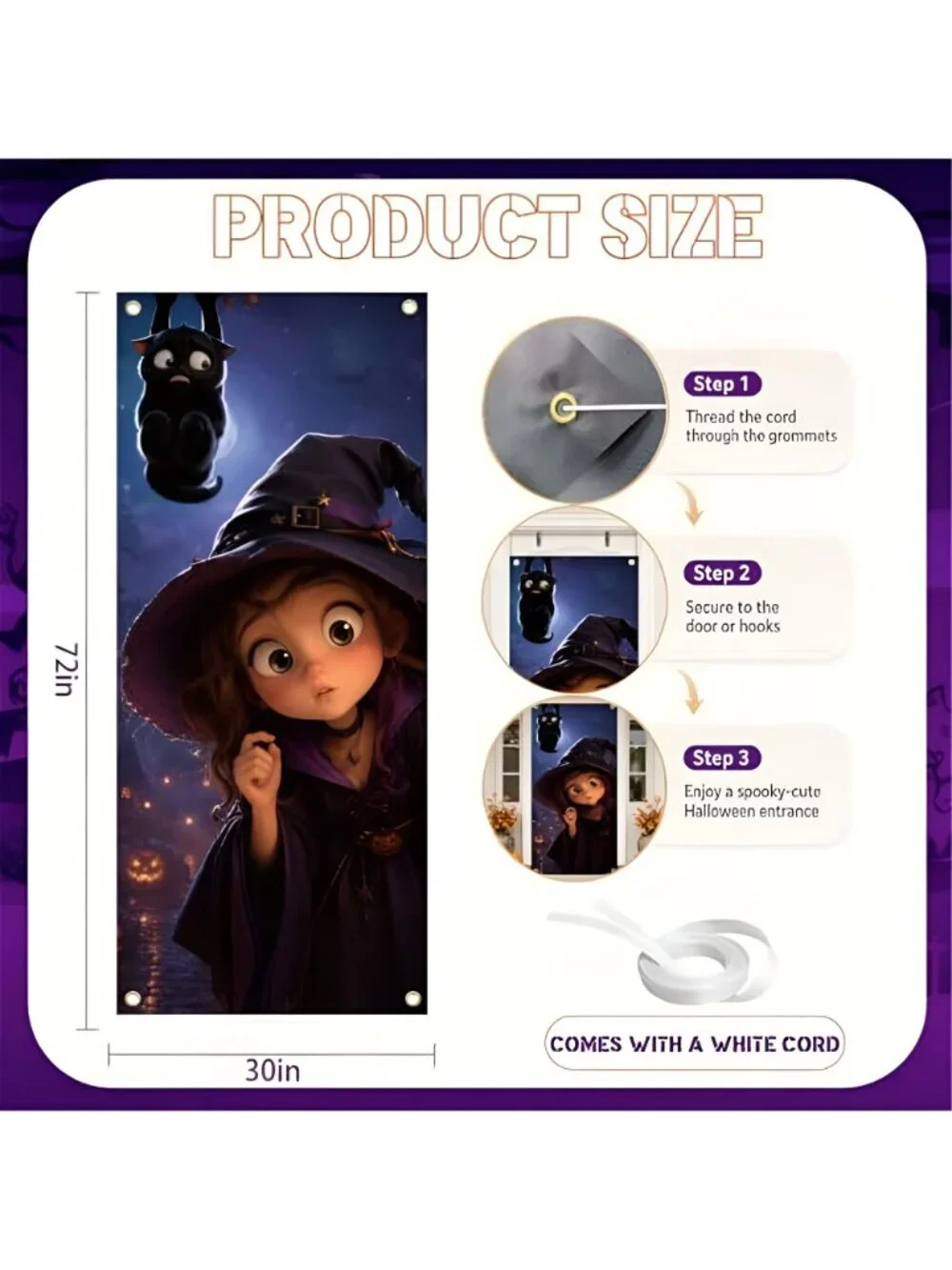 Halloween Door Cover 30 x 72 Inch Cute Witch and Black Cat Door Banner